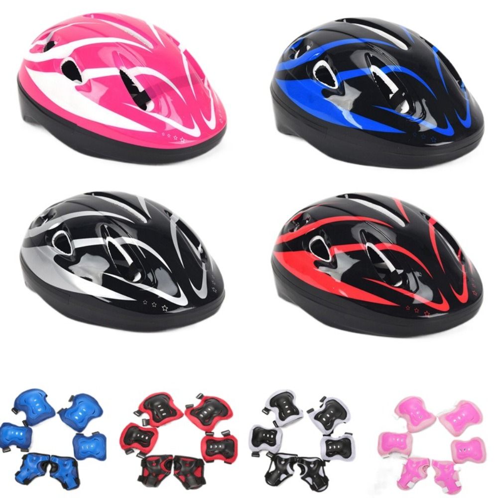 Scooter Helmet Set - หมวกกันน็อคเด็กที่ป้องกันข้อมือกีฬาแผ่นสวมข้อศอกเข่าอุปกรณ์ป้องกันสกู๊ตเตอร์สเก็ตบอร์ดชุดความปลอดภัยในการขี่จักรยานเด็กชายเด็กหญิงอายุ4-12ปี